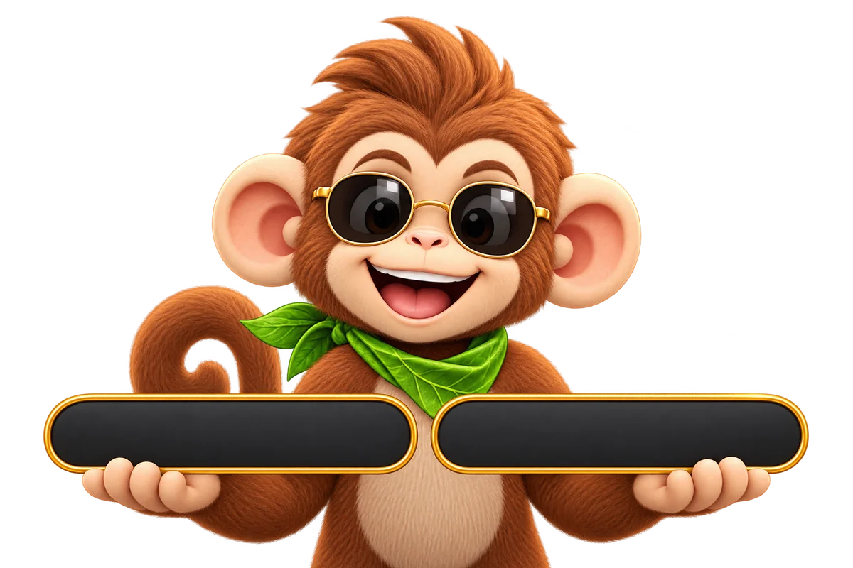 Macaco simpático do jogo Zigoy segurando as abas Retirada e Recarga
